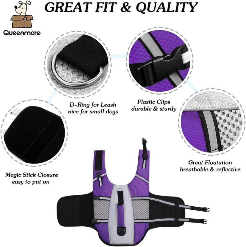 Queenmore Dog Life Jacket Swimming Vest Lightweight High Reflective Pet Lifesaver with Lift Handle, Leash Ring Purple,S - Image 4